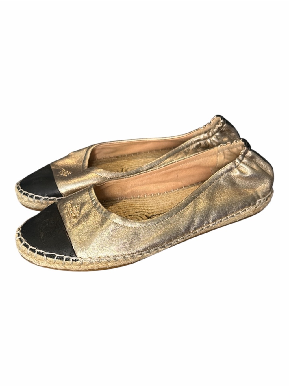 Coach Gold & Black Leather Cap Toe Espadrille Ballet Flats Women’s Size 10B